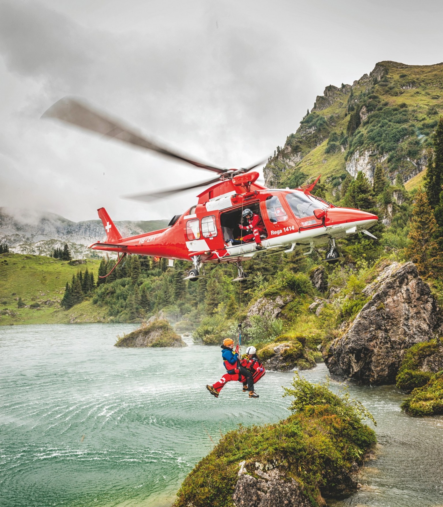 A Rega Challenger helicopter rescue in the Alps