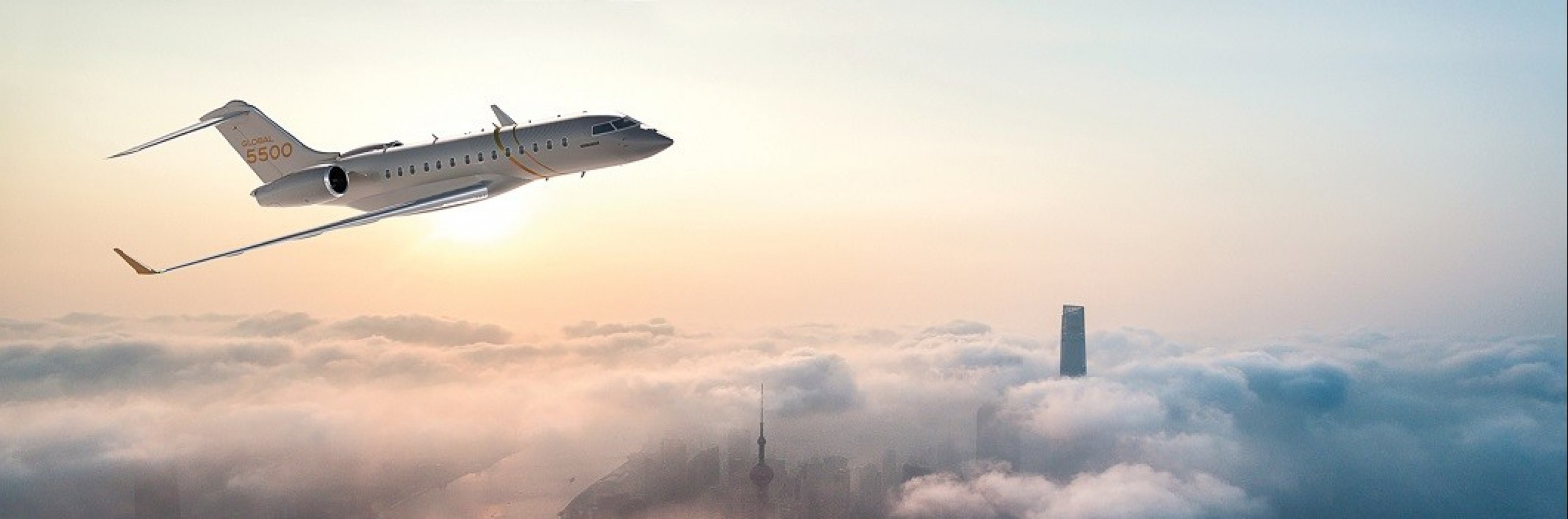 The Global 5500 jet soars above the clouds.