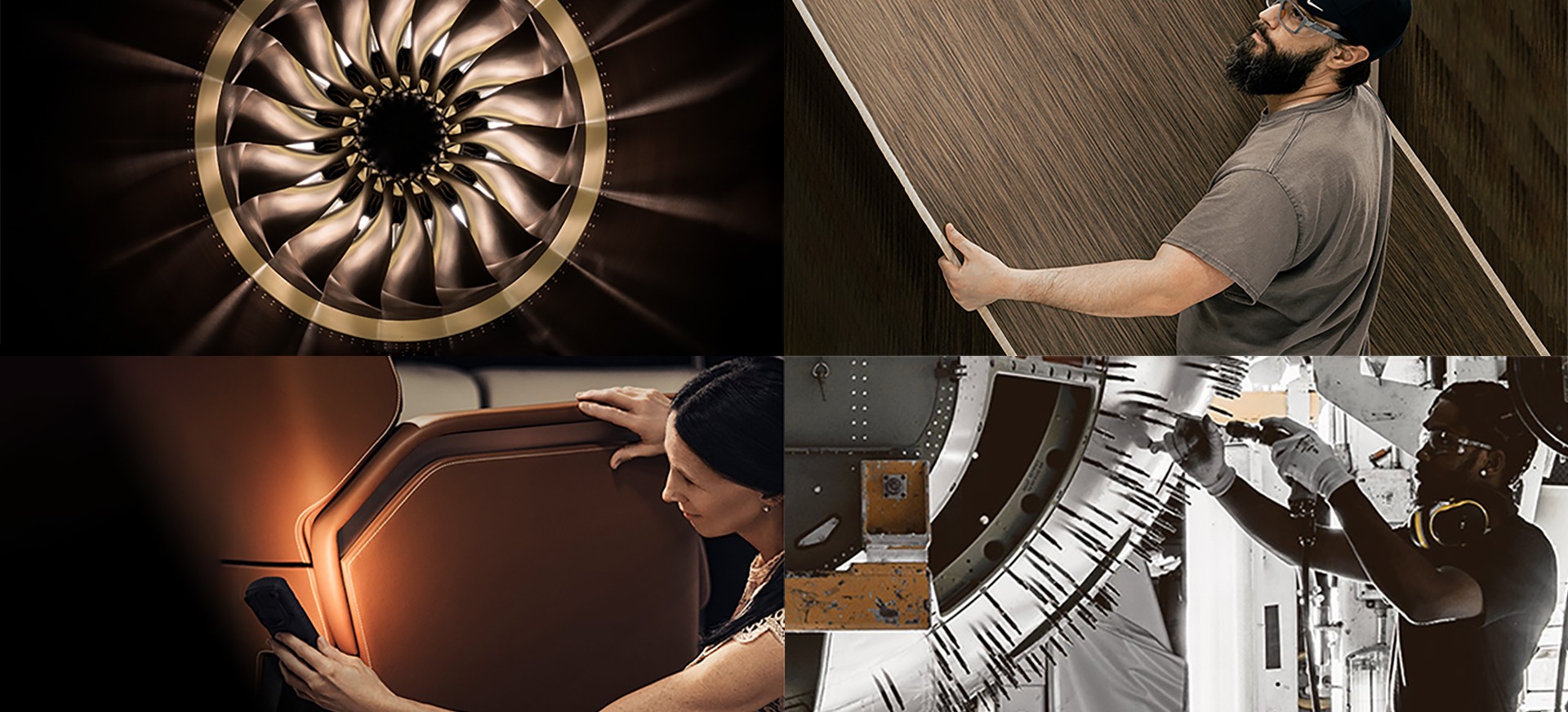 Collage of a workers assembling aircraft parts