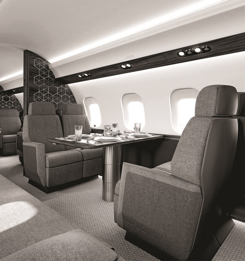 A table setting for four onboard the Global 6500 aircraft