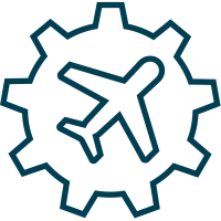 icon of a gear with the outline of a plane in the middle