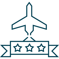 icon of aircraft over a banner holding three stars