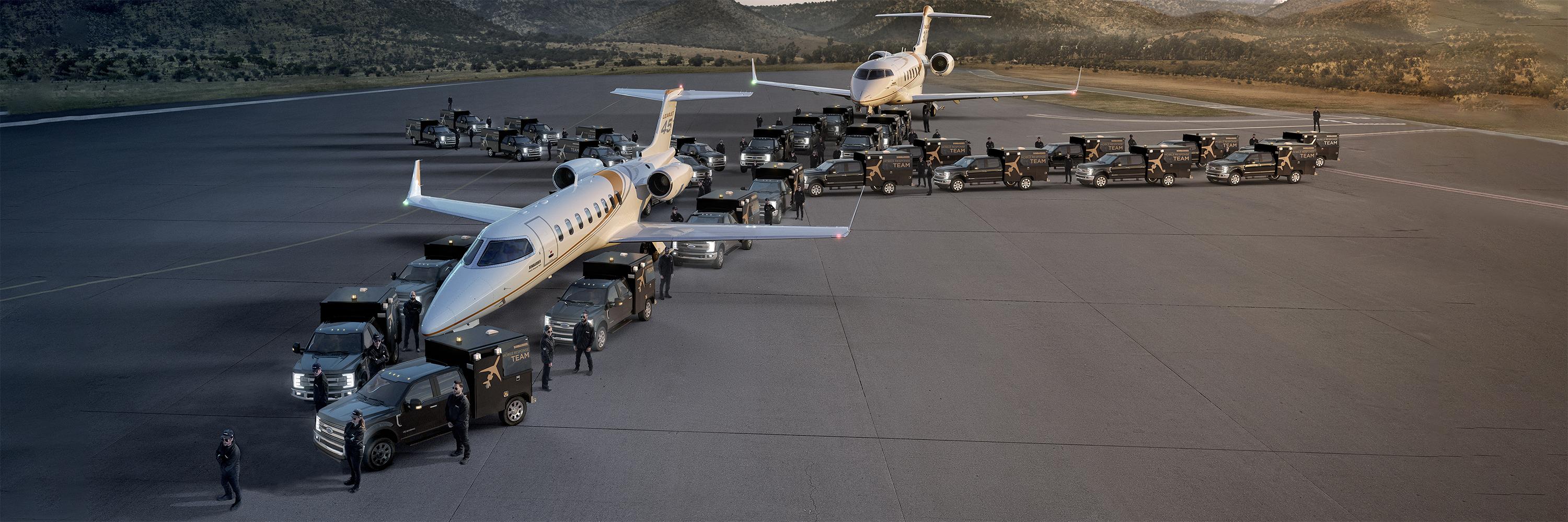 avions et camions de service sur un tarmac